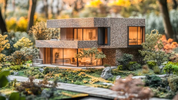 Miniature model of a modern stone house with large windows, surrounded by a meticulously crafted landscape of trees and shrubs