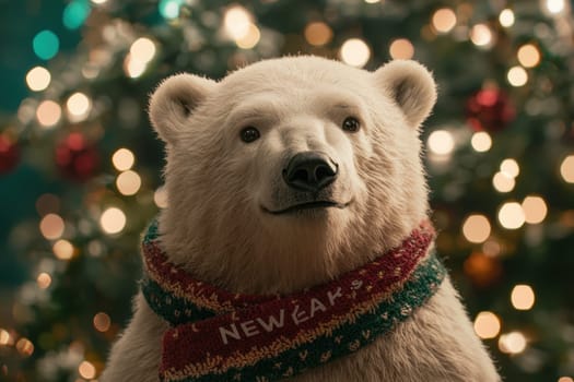 A joyful polar bear wearing a scarf celebrates the New Year against a backdrop of sparkling lights and festive decorations, capturing the essence of holiday cheer.