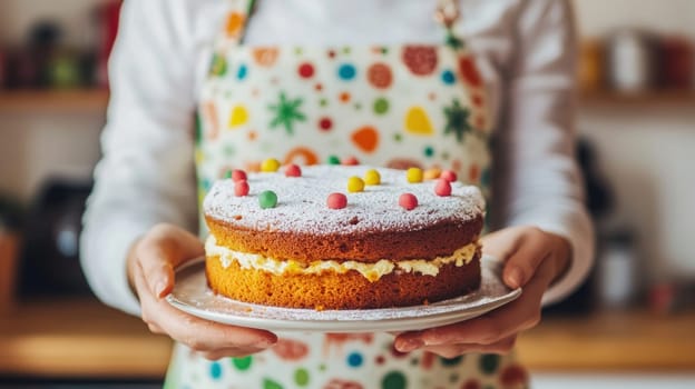 Woman wearing apron holding delicious victoria sponge cake decorated with colorful candy and icing sugar
