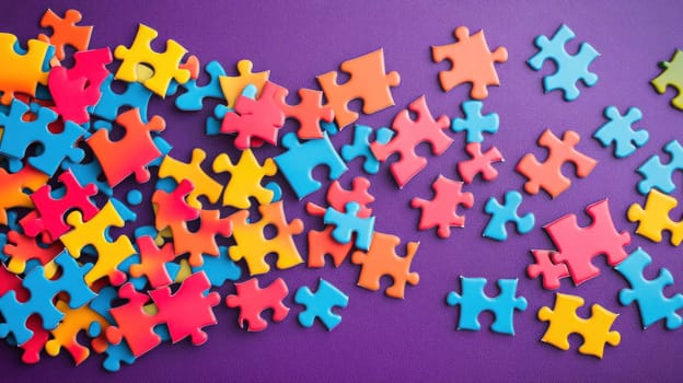 Vibrant puzzle pieces spread across a purple backdrop, forming an abstract and captivating design