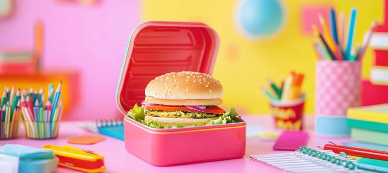 Healthy homemade veggie burger packed in lunchbox on colorful student desk, ready for back to school