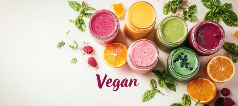 Vibrant vegan smoothies surrounded by fresh fruits, berries, and herbs, embodying a healthy and vibrant lifestyle