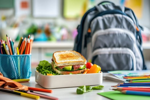 Healthy sandwich and vegetables for school lunch are waiting on the desk in classroom
