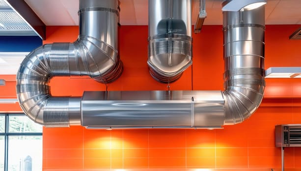 Industrial kitchen ventilation system featuring shiny metal pipes against a vibrant orange tiled wall