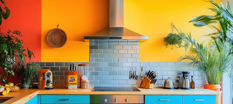 Stylish and colorful kitchen interior design with modern appliances, plants, and vibrant colors promoting a healthy and inviting atmosphere