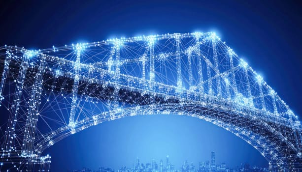 Abstract image of a bridge made of connecting lines and dots over a generic cityscape at night