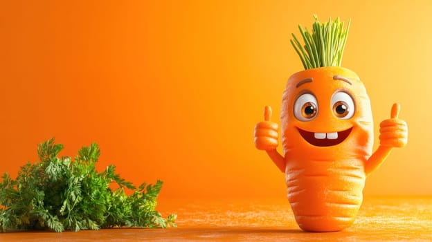 3d rendering of a cheerful cartoon carrot showing thumbs up gesture, promoting healthy eating and positive attitude