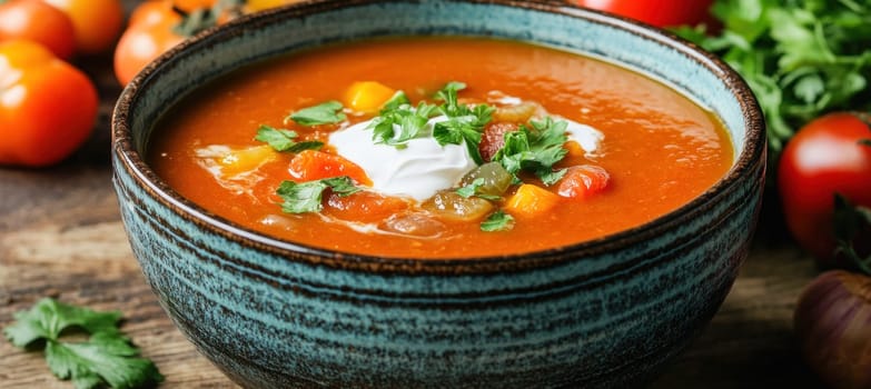 Fresh tomato soup with sour cream and parsley is served in a bowl on a rustic wooden table