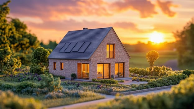 Cozy house with solar panels on the roof at sunset, promoting sustainable living and renewable energy