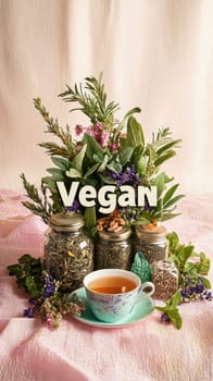 Vegan herbal tea brewed and served with fresh and dried herbs promoting healthy lifestyle