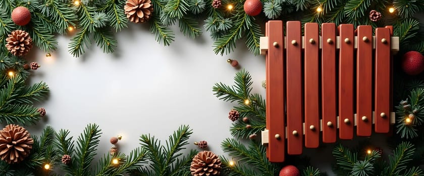 Xylophone decorated with fir branches, ornaments, and lights for cozy Christmas feel