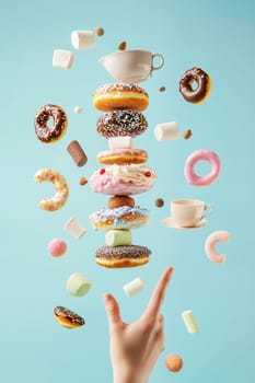 Hand is holding a cup catching flying donuts, chocolate bars and marshmallows on a blue background. This image evokes the concept of sweet breakfast