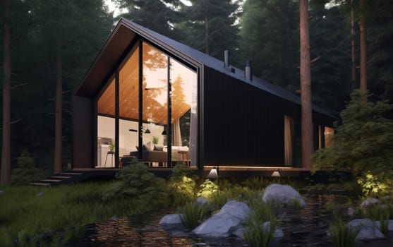 Beautiful modern modular home with wild nature in the background. Modern architecture.