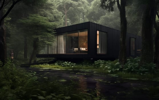 Beautiful modern modular home with wild nature in the background. Modern architecture.