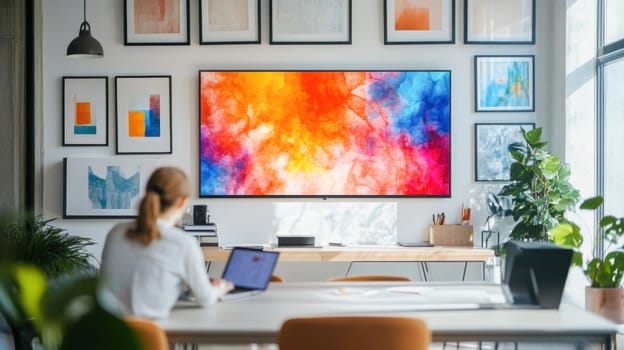 Art director working on laptop in creative office with colorful abstract art on the wall display
