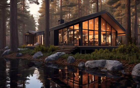 Beautiful modern modular home with wild nature in the background. Modern architecture.