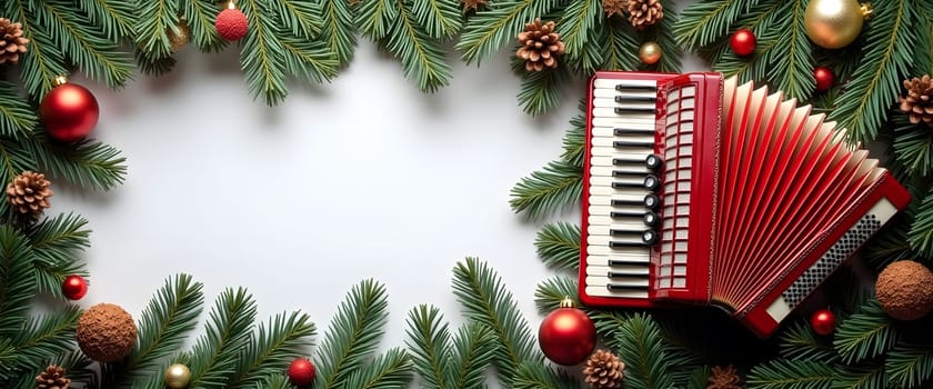 Accordion with festive fir branches, ornaments, and lights for cozy Christmas feel