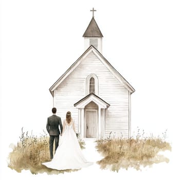 Image of bride and groom near church. High quality photo