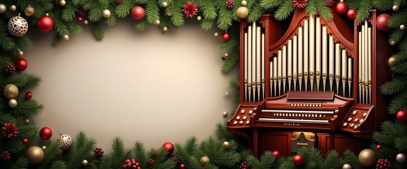 Organ with fir branches, ornaments, and Christmas lights for cozy holiday atmosphere