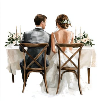 Image of the bride and groom in wedding dresses. They are sitting on chairs at the wedding table. Rear view. High quality photo