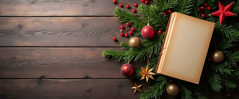 Book with fir branches, ornaments, and lights creating a cozy Christmas atmosphere