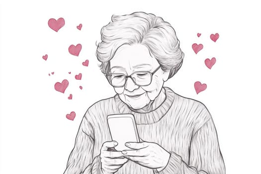 An elderly woman with a phone in her hands on a white background. High quality photo