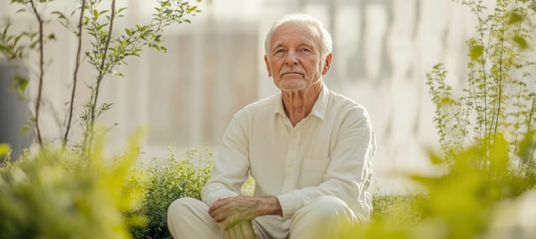 Elderly man enjoying a quiet moment surrounded by lush greenery in a serene garden