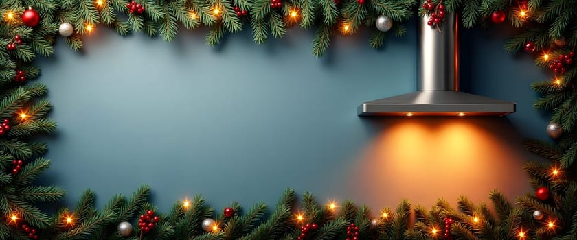 Hood with coniferous branches, balls and lights, creating a cozy Christmas atmosphere