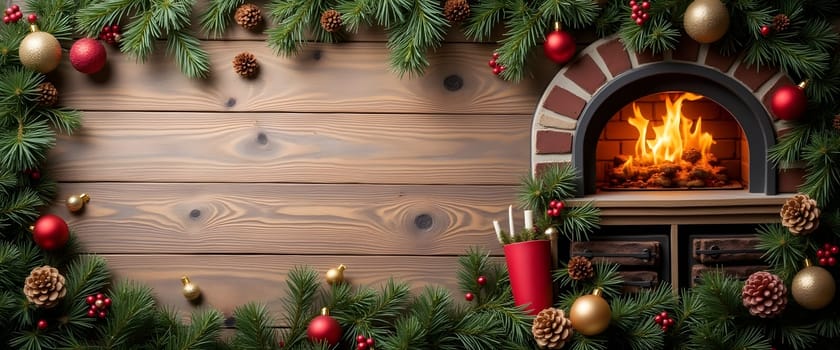 Wood stove with fir branches, ornaments, and lights creating cozy Christmas warmth