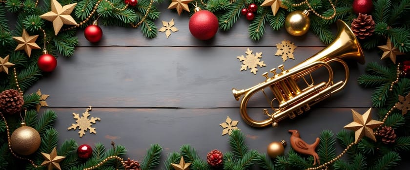 Trumpet with fir branches, ornaments, and lights creating cozy Christmas atmosphere