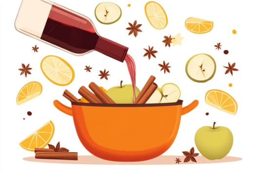 A saucepan, wine and all the ingredients for making hot spicy mulled wine. High quality photo