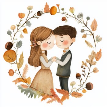 An image of a bride and groom in wedding attire, looking at each other. They are surrounded by flowers. High quality photo