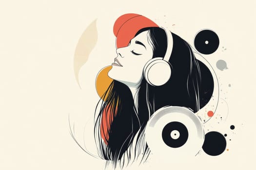 Cute girl listens to her favorite music on headphones and sings. High quality photo