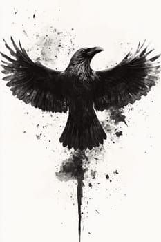 An image of a black crow on a light background. The crow is painted with black watercolor paint or pastel. High quality photo