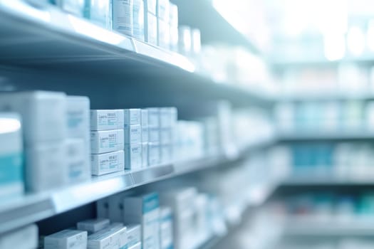 Abstract image of a showcase with medicines, cosmetics in a pharmacy. High quality photo