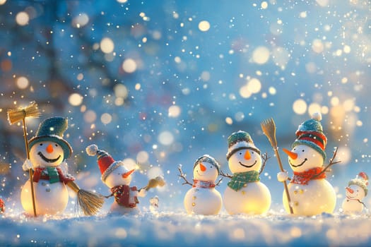 Many snowmen stand on a snowy street in winter against the backdrop of the starry sky. High quality photo