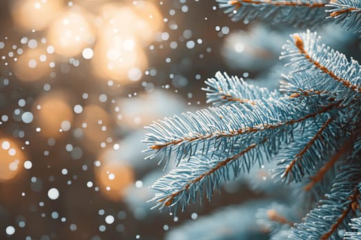 A branch of a coniferous tree covered with snow in a winter forest. High quality photo
