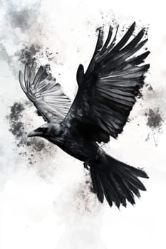 An image of a black crow on a light background. The crow is painted with black watercolor paint or pastel. High quality photo