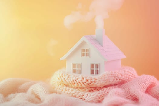 Cozy, flat toy house on isolated background. House is covered with cute woolen scarf in cold season. High quality photo
