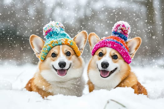 Two cute corgi dogs walk in the snow in the forest in winter wearing knitted hats. High quality photo