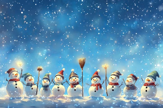 Many snowmen stand on a snowy street in winter against the backdrop of the starry sky. High quality photo
