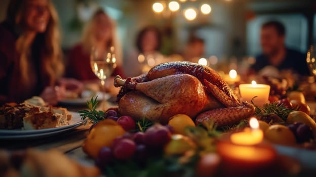 Festive dinner. On the table is a traditional dish - roast turkey. High quality photo