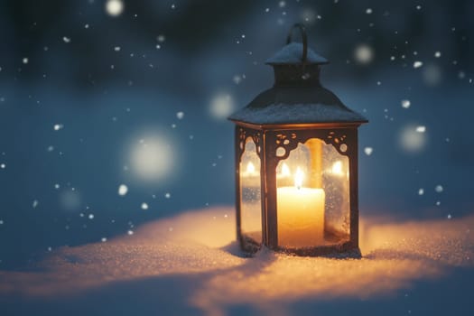 Vintage lantern with candle stands on snow at night. High quality photo