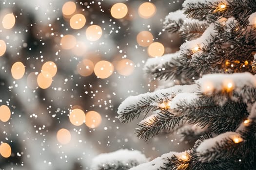 A branch of a coniferous tree covered with snow in a winter forest. High quality photo