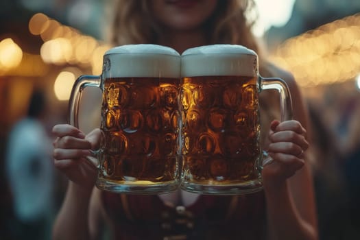 Close up of hands of female waitress holding fresh beer. High quality photo