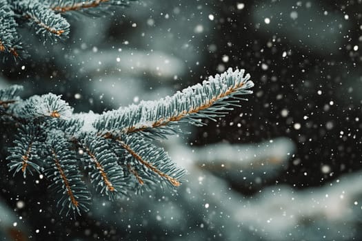 A branch of a coniferous tree covered with snow in a winter forest. High quality photo