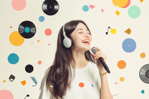 Cute girl listens to her favorite music on headphones and sings. High quality photo