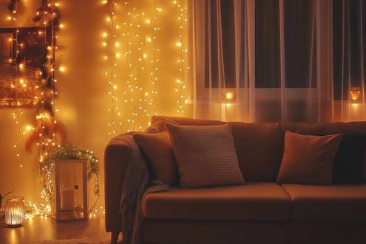 Traditional festive interior of the apartment. Evening light from garlands. High quality photo