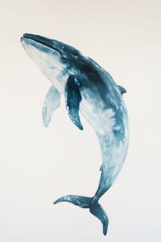 Image of a whale on a light background. Blue whale painted with blue watercolor paint. High quality photo