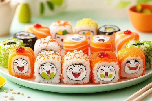 Colorful sushi rolls decorated with kawaii style emojis bring a playful touch to a traditional japanese dish